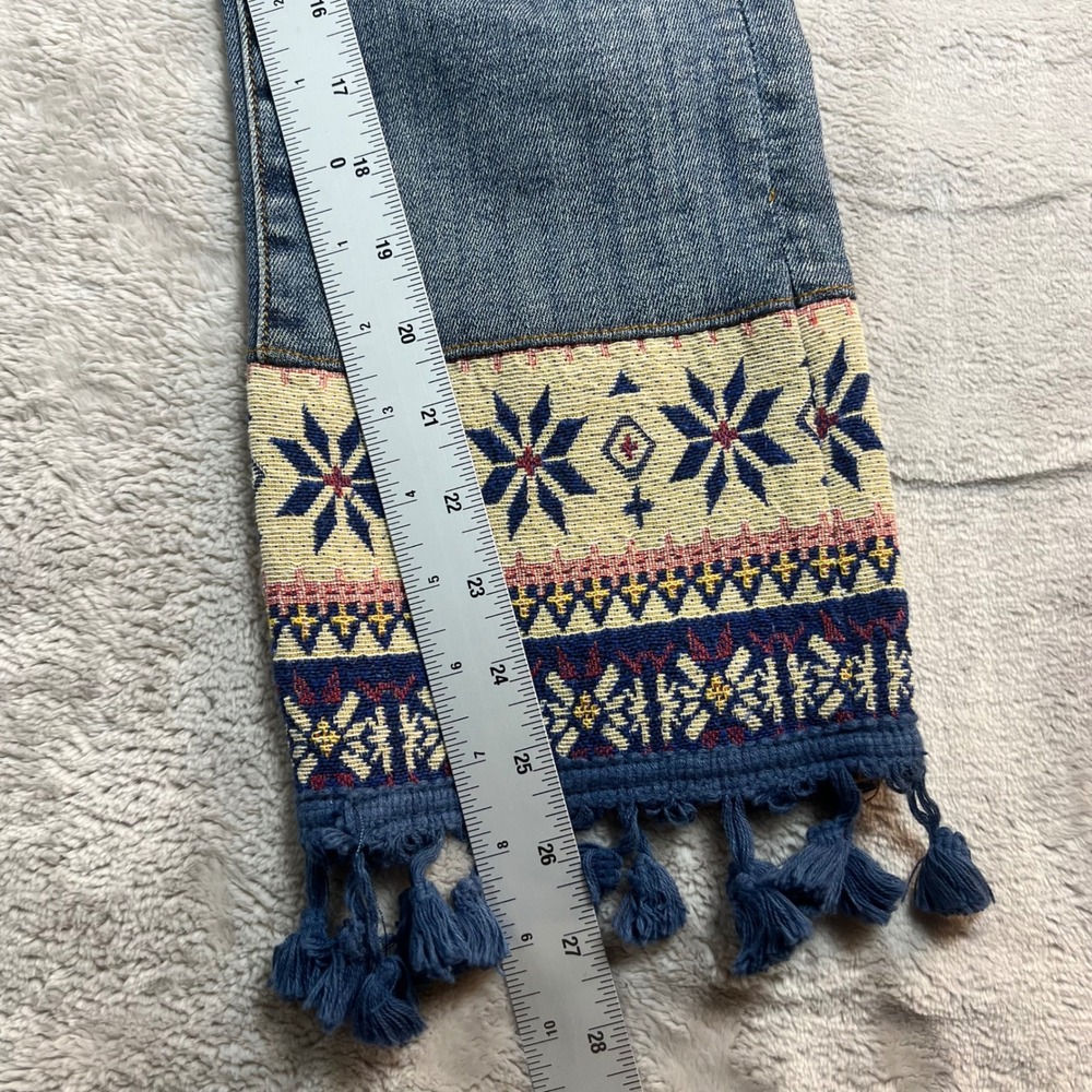 Driftwood Women's 27 Colette Jeans Blue Embroidered Fair Isle Tassel Fringe Hem - Picture 3 of 7